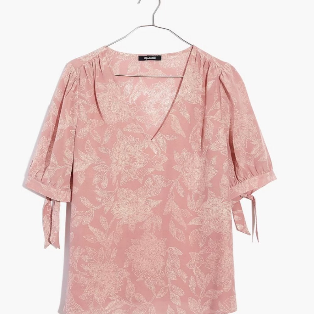 Madewell Silk V-Neck Tie-Sleeve Top in Pindot Blooms